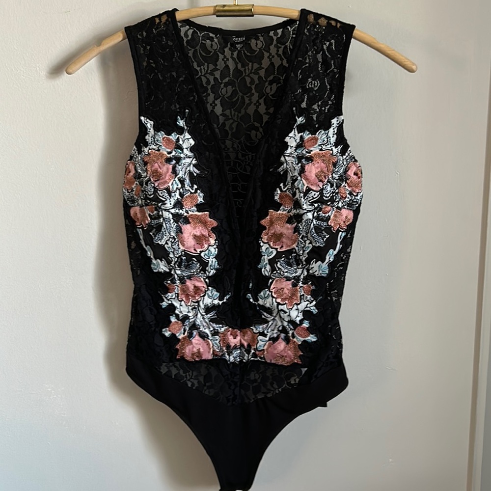 Guess Eden Black Floral and Lace Inset Deep V-Neck Sleeveless Bodysuit